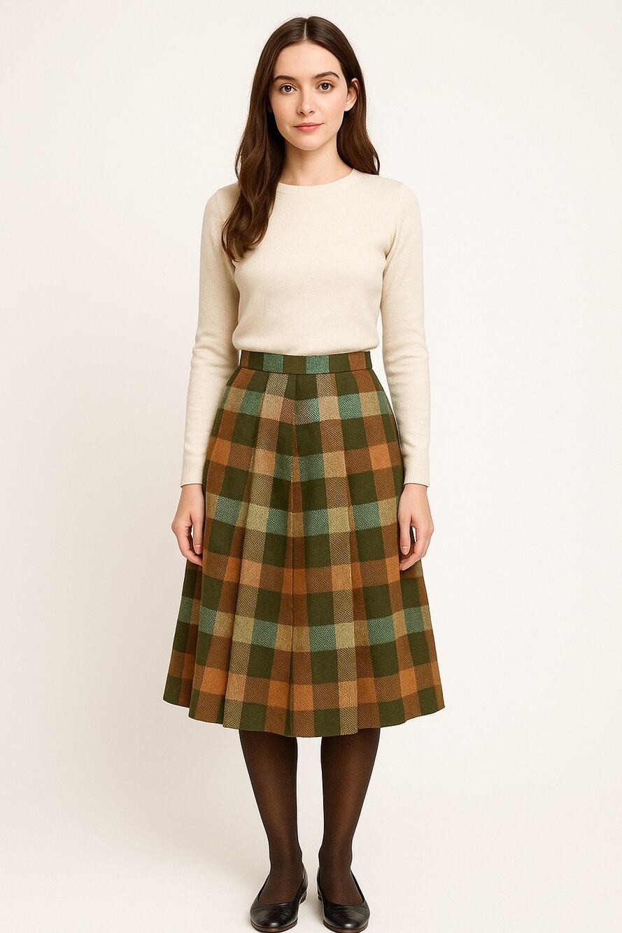 1960s Plaid Pleated Knee-Length Skirt with Side Zipper fall colors size small